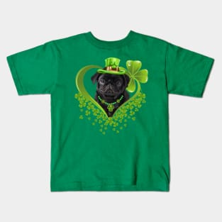 Funny Black Puppy Pug Green Hearts St Patrick's Day Kids T-Shirt